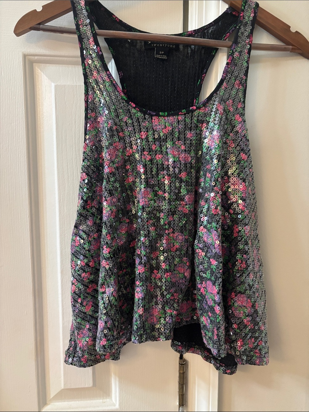 Forever 21 Black Sequin Tank with Pink & Green Floral Accents